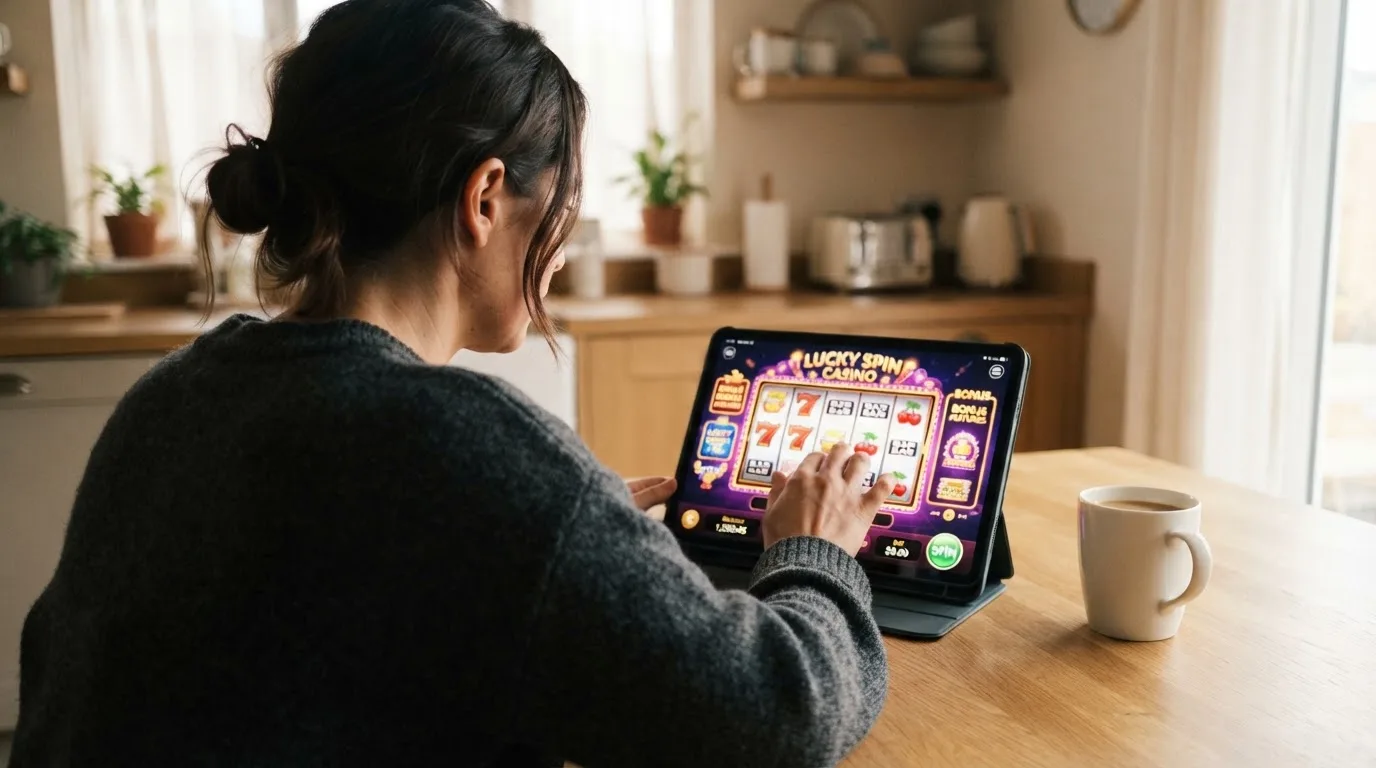 Een persoon bekijkt op een tablet een overzicht van casinospellen aan een keukentafel, met een kop koffie ernaast.