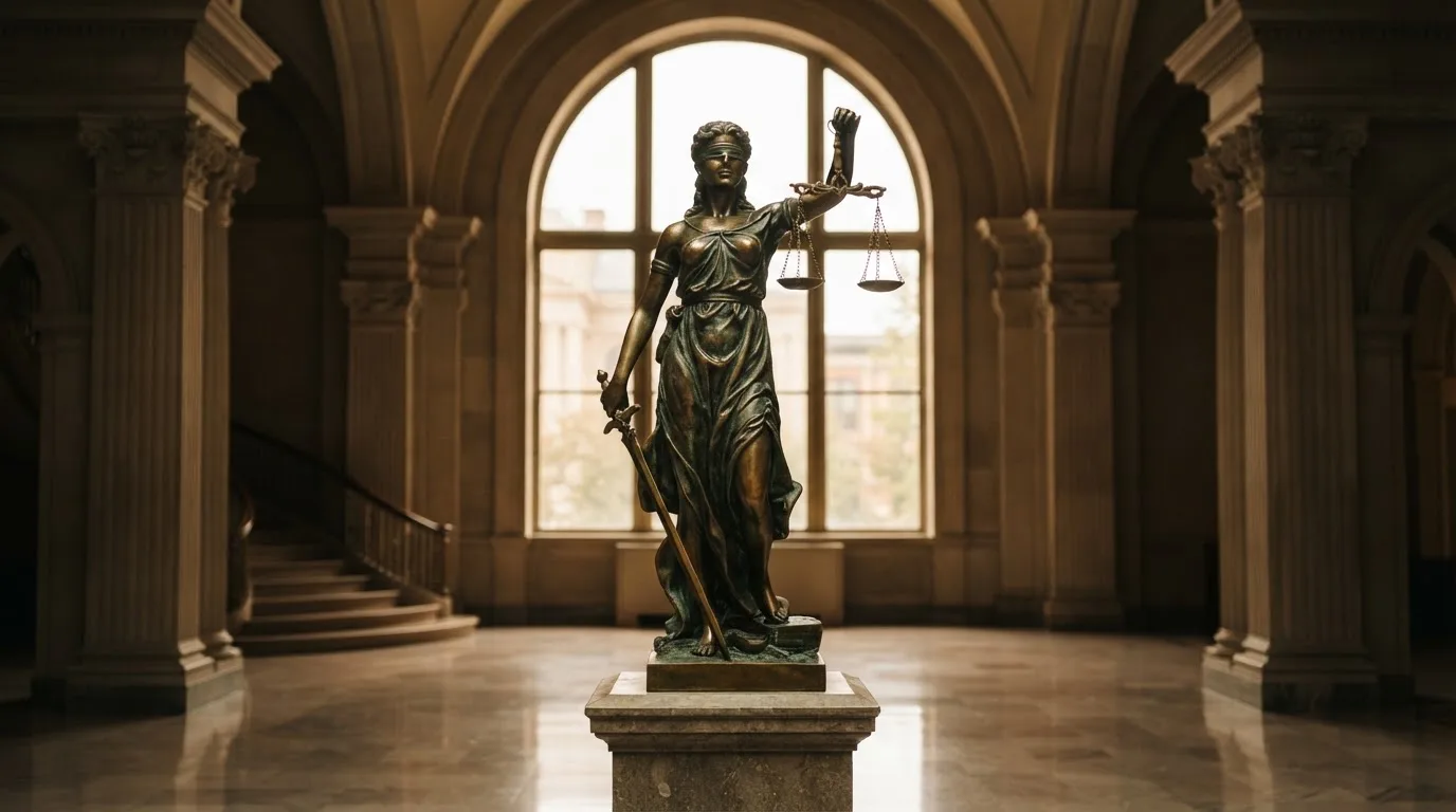 Een bronzen vrouwe Justitia met weegschaal staat voor een grote raampartij in een statig gerechtsgebouw, met zacht ochtendlicht.