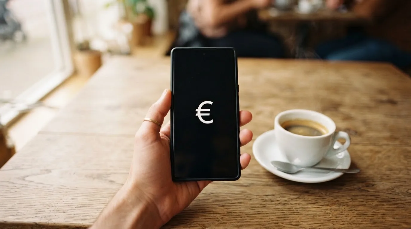 Een hand houdt een smartphone vast boven een houten tafel met een kopje koffie ernaast, in zacht daglicht.