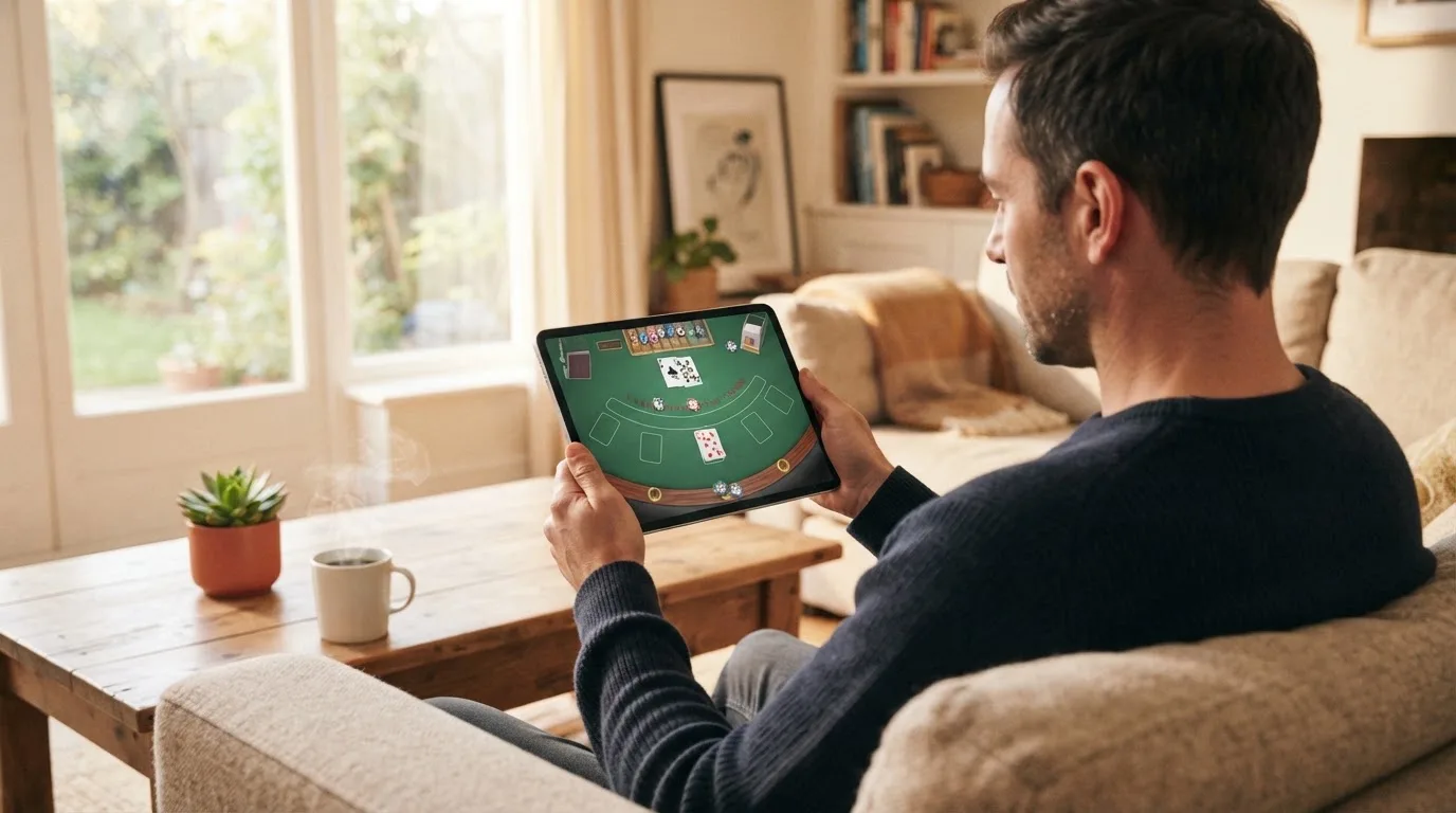 Een man bekijkt ontspannen een tablet op de bank in een lichte woonkamer met een kop koffie op de salontafel.