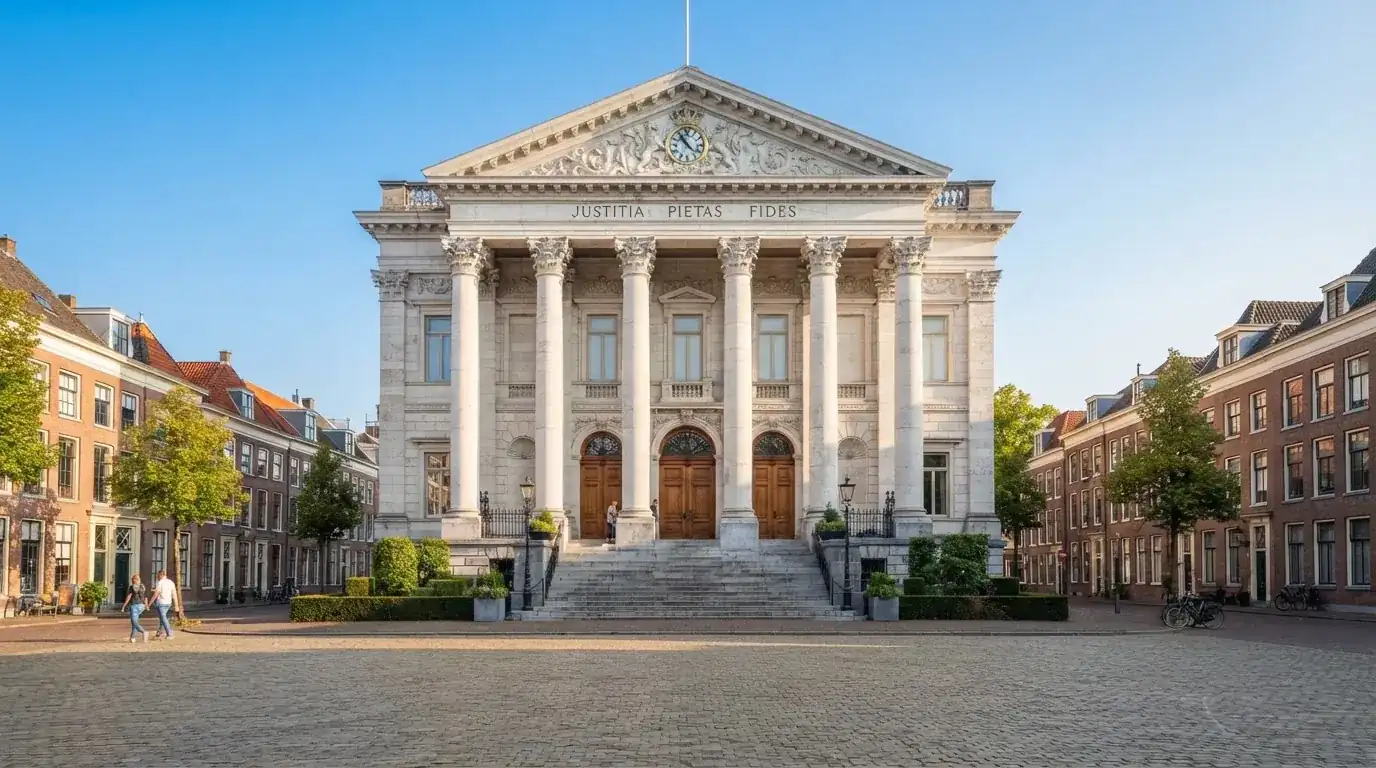 Een klassiek gerechtsgebouw met hoge zuilen staat onder een blauwe lucht in een Nederlandse binnenstad.