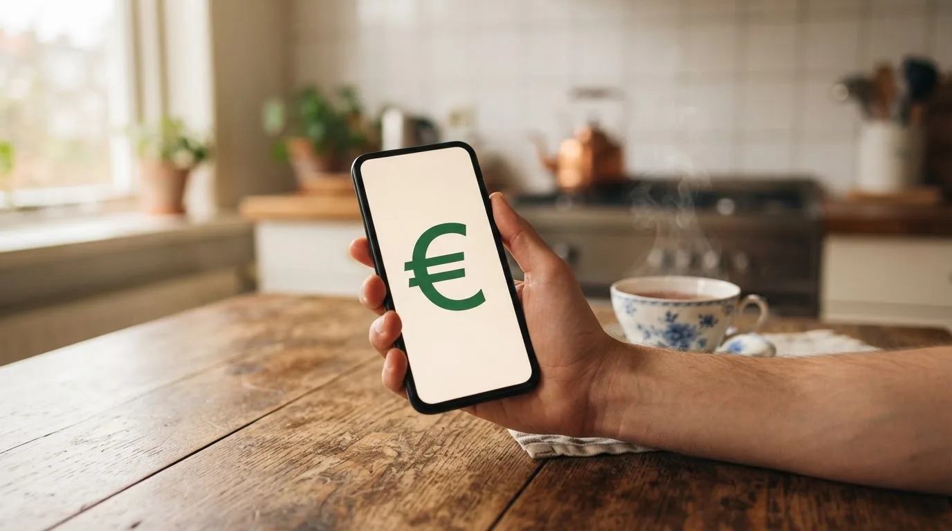 Een hand houdt een smartphone vast boven een houten tafel met een kopje thee ernaast, in zacht daglicht.