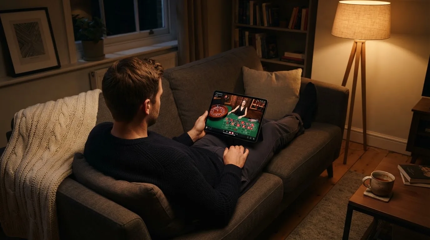 Een man bekijkt laat op de avond een tablet op de bank, verlicht door een staande lamp in een rustige woonkamer.