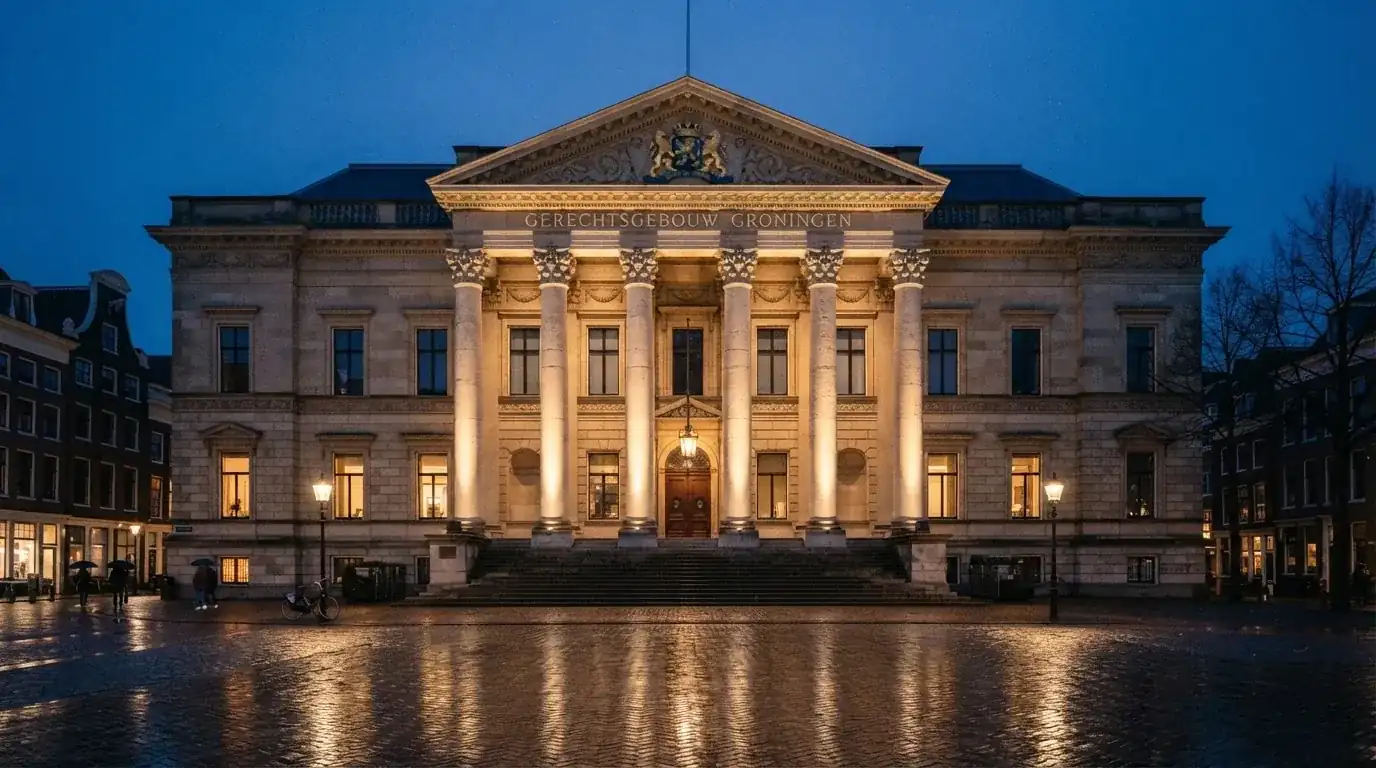 Een statig gerechtsgebouw met verlichte zuilen staat in de avondschemering in een Nederlandse stad.