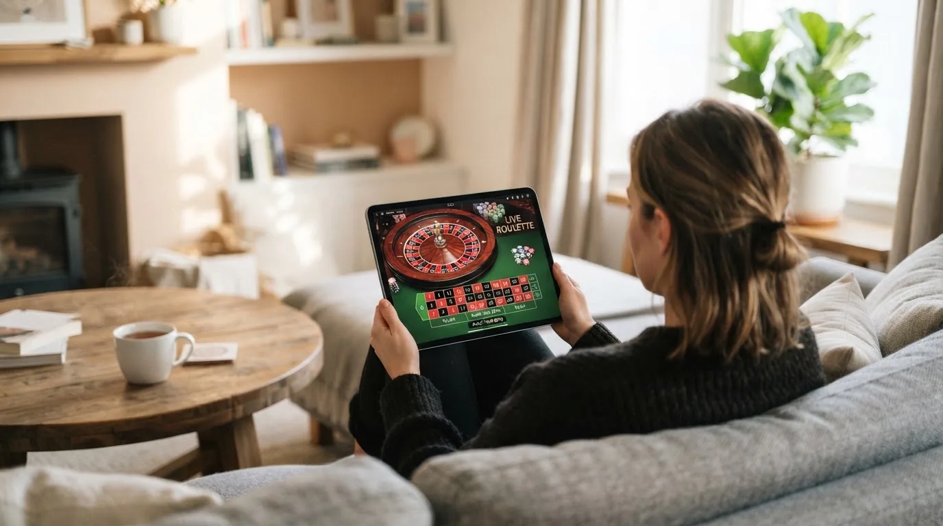 Een vrouw bekijkt ontspannen een tablet op de bank in een lichte woonkamer met een kop thee op de salontafel.