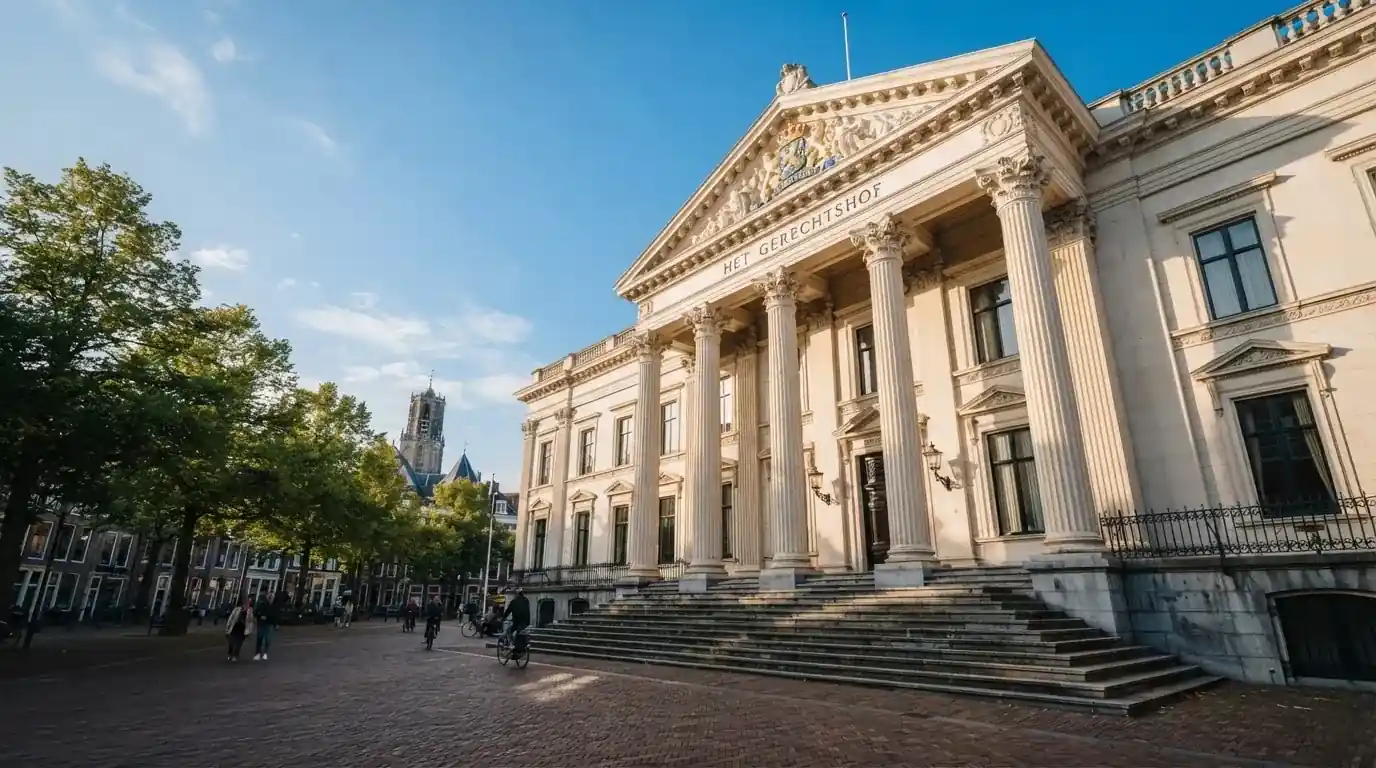 Een klassiek gerechtsgebouw met hoge zuilen staat onder een blauwe lucht in een Nederlandse binnenstad.