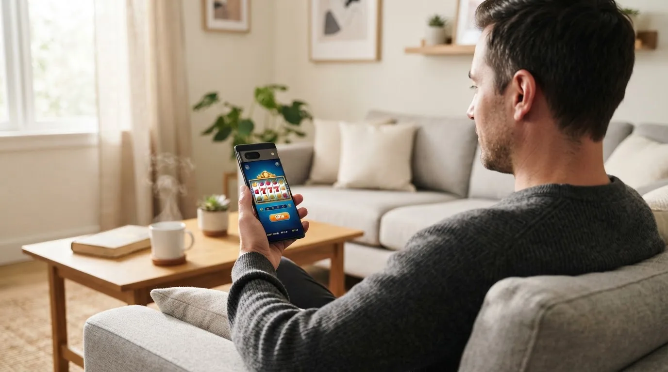 Een man bekijkt ontspannen zijn telefoon op de bank in een lichte woonkamer met een kop koffie op de salontafel.