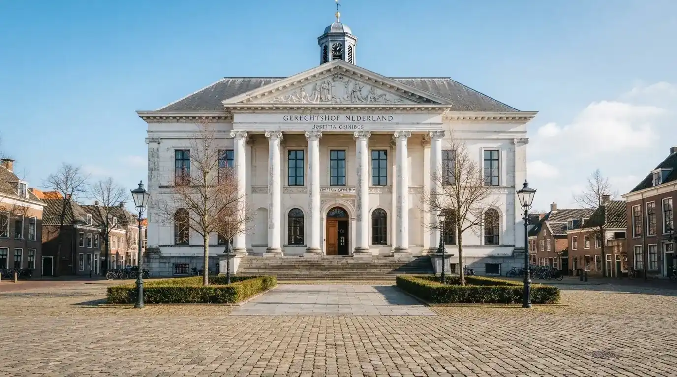 Een klassiek gerechtsgebouw met zuilen staat onder een blauwe lucht in een rustige Nederlandse stad.