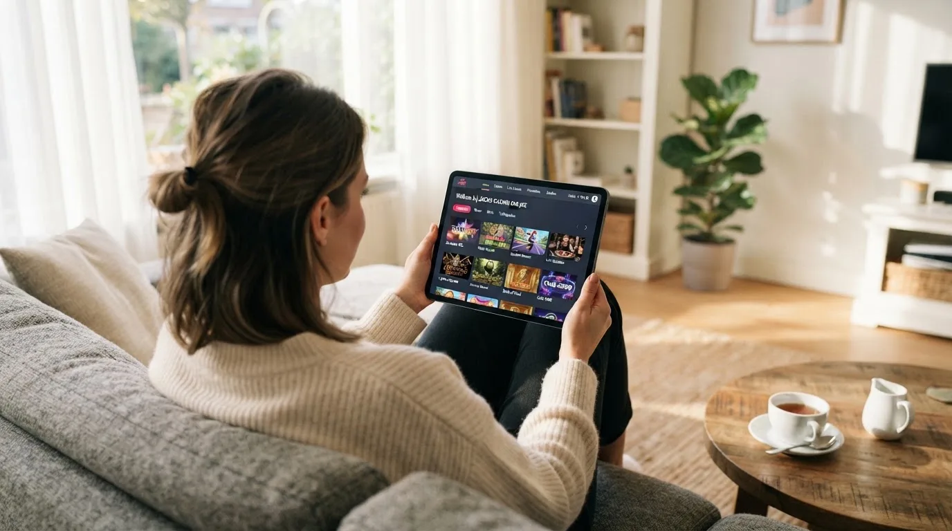 Een vrouw bekijkt ontspannen een tablet op de bank in een lichte woonkamer met een kop thee op de salontafel.