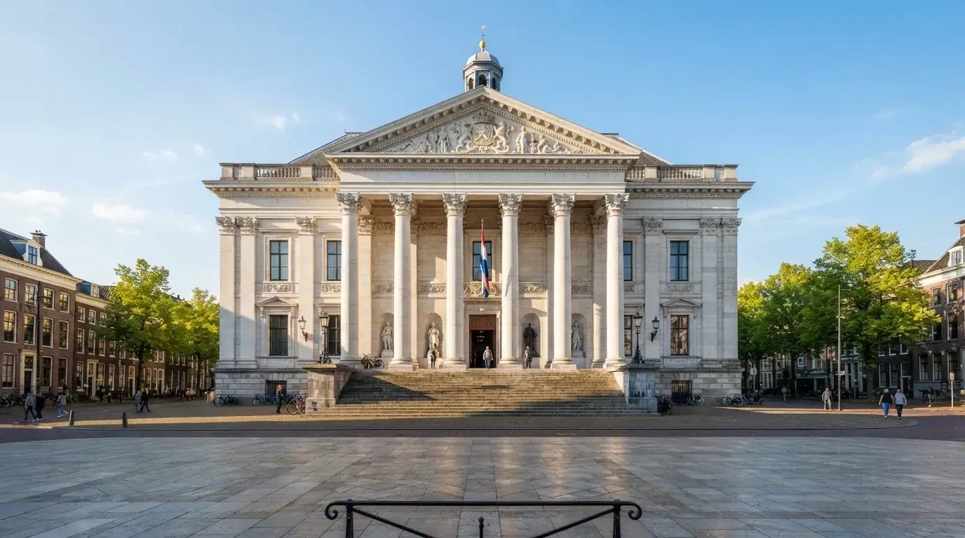 Een klassiek gerechtsgebouw met hoge zuilen staat onder een heldere hemel in een Nederlandse stad.