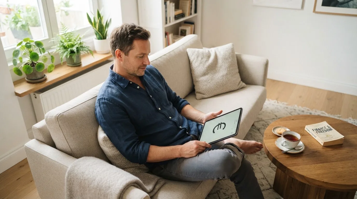 Een man bekijkt ontspannen een tablet op de bank in een lichte woonkamer met een kop thee op de salontafel.