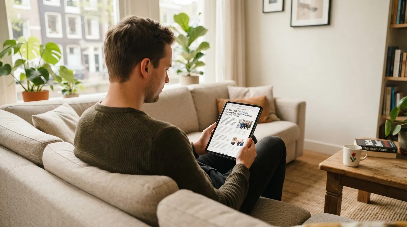 Een man bekijkt ontspannen een tablet op de bank in een lichte woonkamer met een kop koffie op de salontafel.