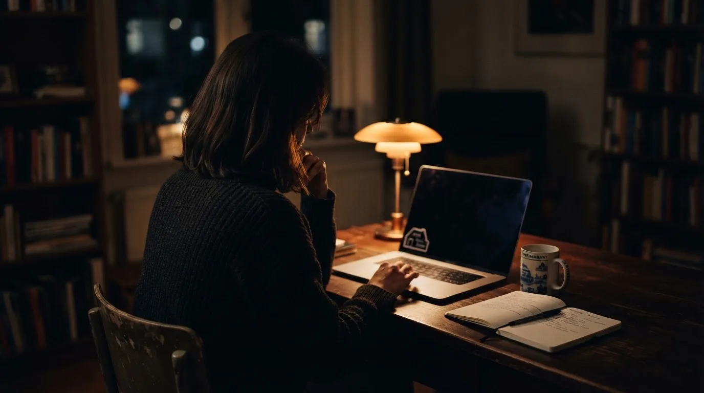 Een persoon zit alleen aan een bureau en kijkt peinzend naar een laptop met het scherm uit, in gedimd licht.