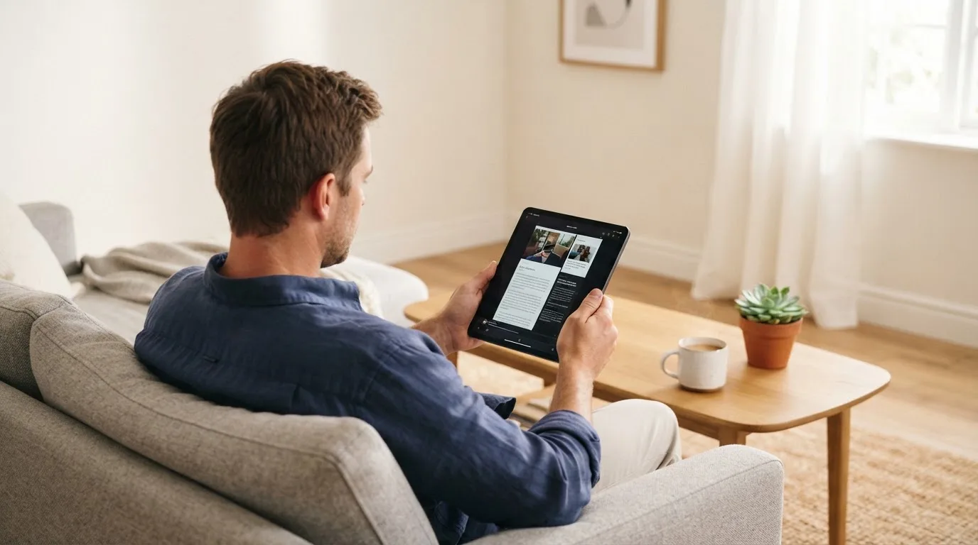 Een man bekijkt ontspannen een tablet op de bank in een lichte woonkamer met een kop koffie op de salontafel.