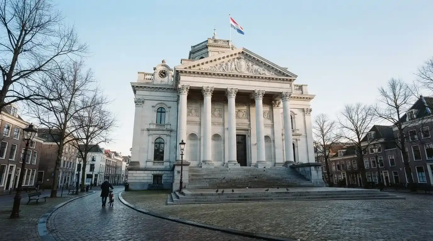 Een klassiek gerechtsgebouw met hoge zuilen staat onder een heldere hemel in een Nederlandse stad.