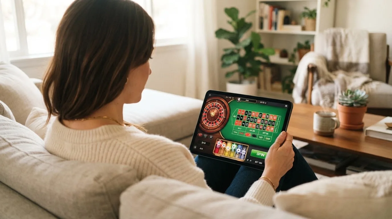 Een vrouw bekijkt ontspannen een tablet op de bank in een lichte woonkamer met een kop koffie op de salontafel.