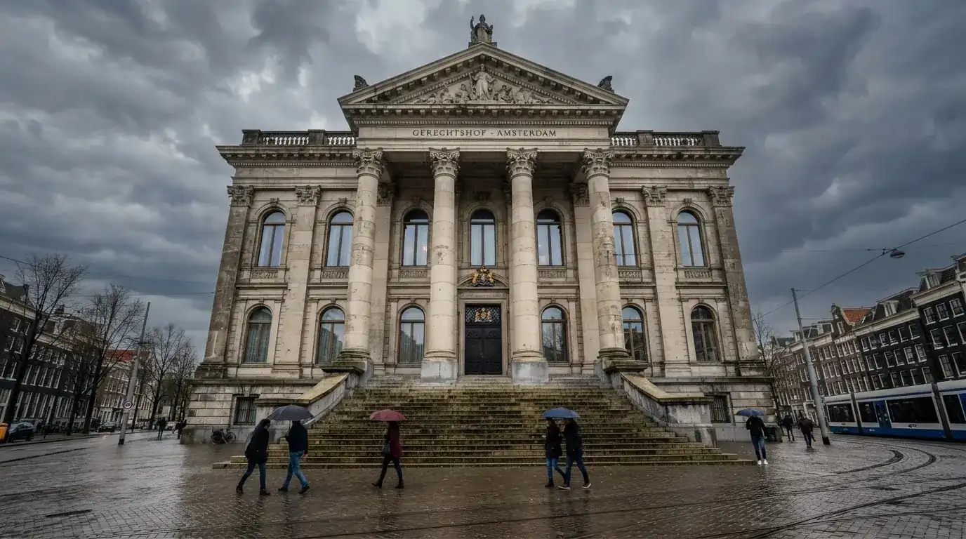 Een klassiek gerechtsgebouw met brede trappen staat onder een bewolkte hemel in een Nederlandse stad.