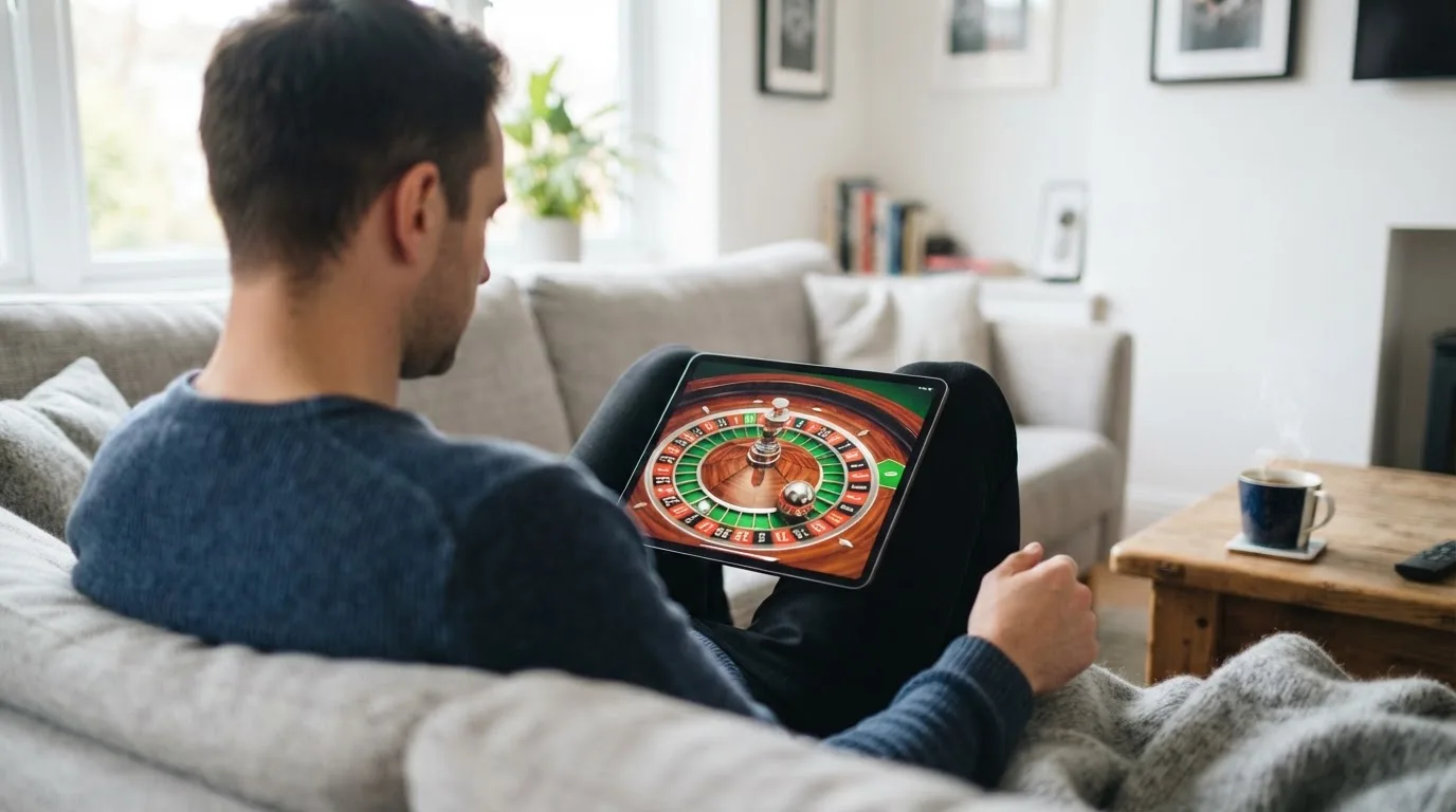 Een man bekijkt ontspannen een tablet op de bank in een lichte woonkamer met een kop thee op de salontafel.
