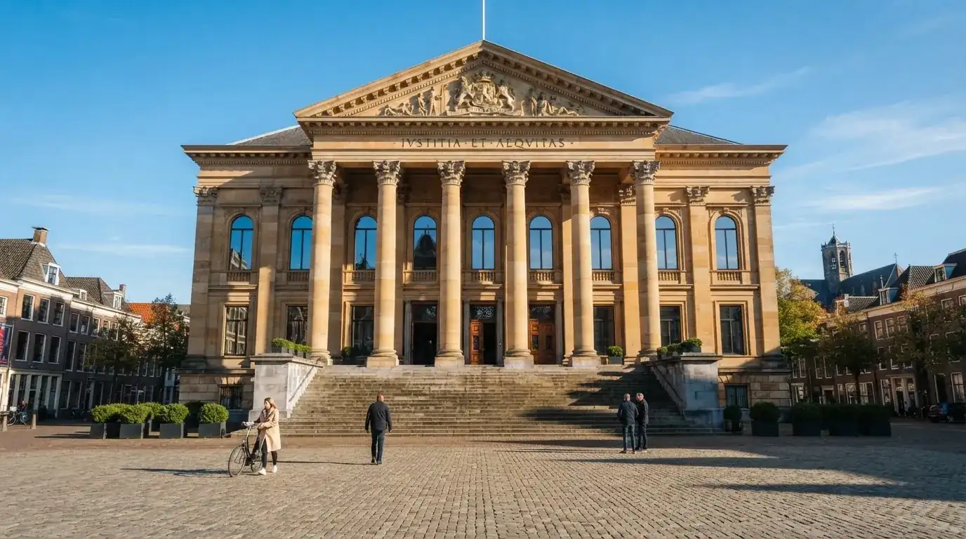 Een klassiek gerechtsgebouw met hoge zuilen staat onder een heldere hemel in een Nederlandse stad.