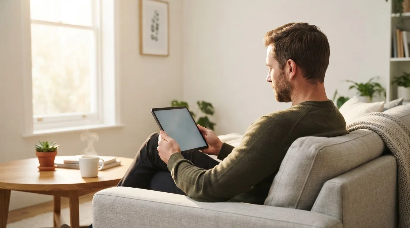Een man bekijkt ontspannen een tablet op de bank in een lichte woonkamer met een kop koffie op de salontafel.