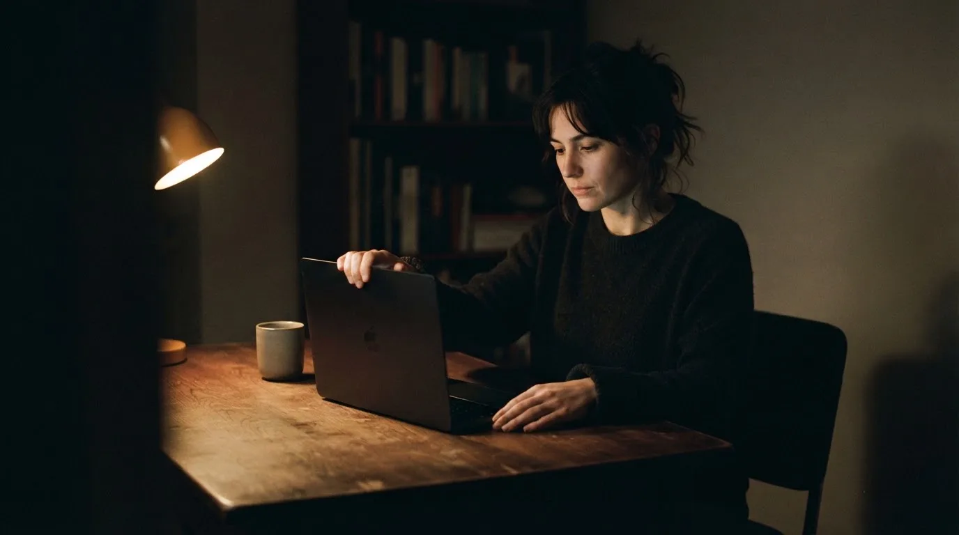 Een persoon zit alleen aan een bureau en kijkt peinzend naar een laptop met het scherm uit, in gedimd licht.