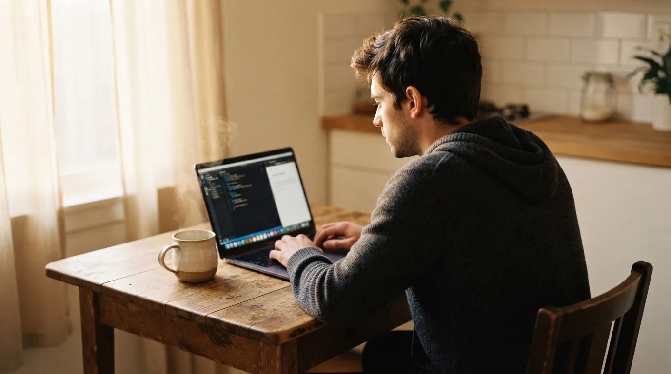 Een persoon zit alleen aan een keukentafel en kijkt peinzend naar een laptop, met een kop koffie ernaast in het vroege ochtendlicht.