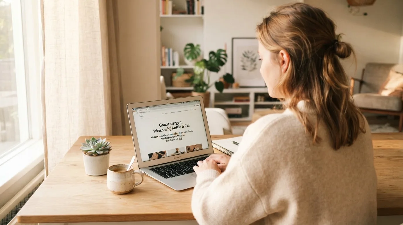 Een vrouw zit aan een houten bureau en bekijkt rustig het scherm van een laptop in een lichte woonkamer.