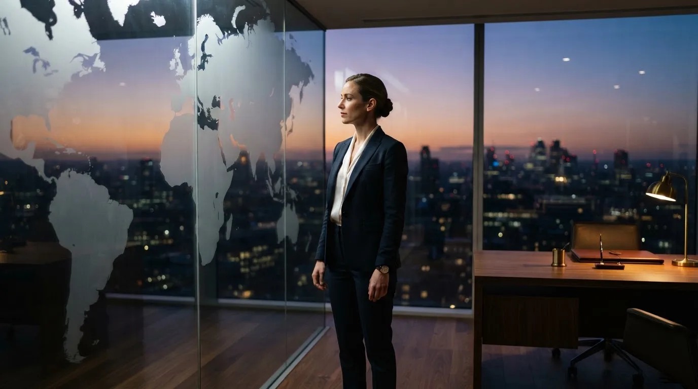 Een jurist in kostuum staat voor een grote glazen wand met een wereldkaart in een modern kantoor tijdens de avondschemering.
