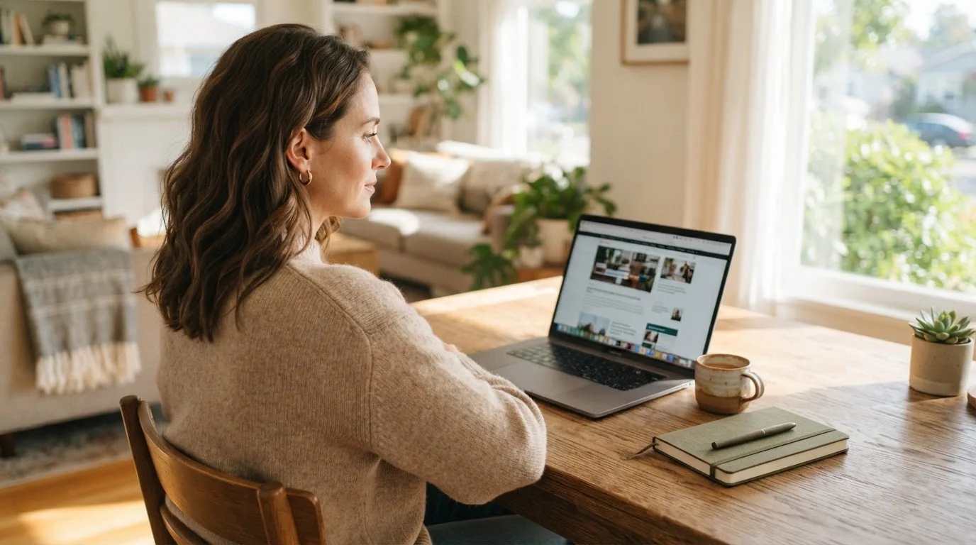 Een vrouw zit aan een houten bureau en bekijkt rustig het scherm van een laptop in een lichte woonkamer.