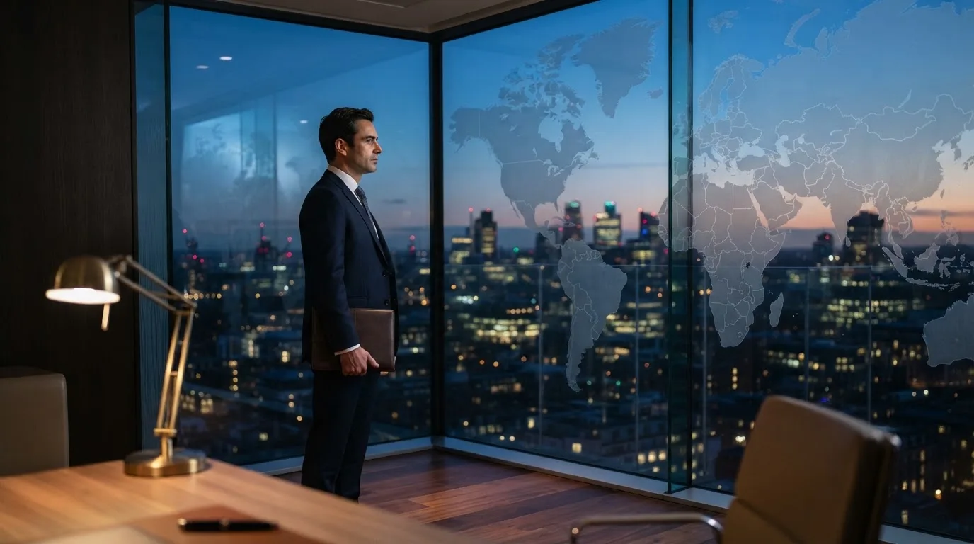 Een jurist in kostuum staat voor een grote glazen wand met een wereldkaart in een modern kantoor tijdens de avondschemering.