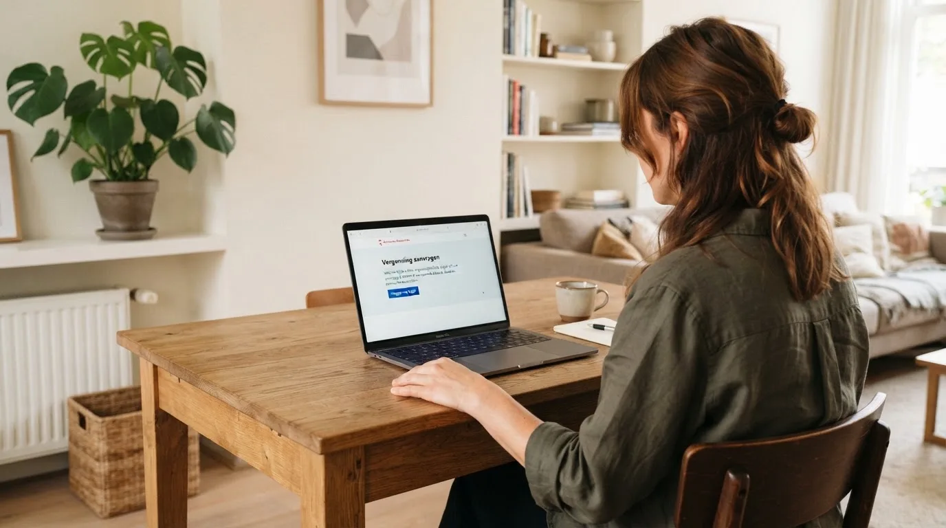 Een vrouw zit aan een houten bureau en bekijkt rustig het scherm van een laptop in een lichte woonkamer.