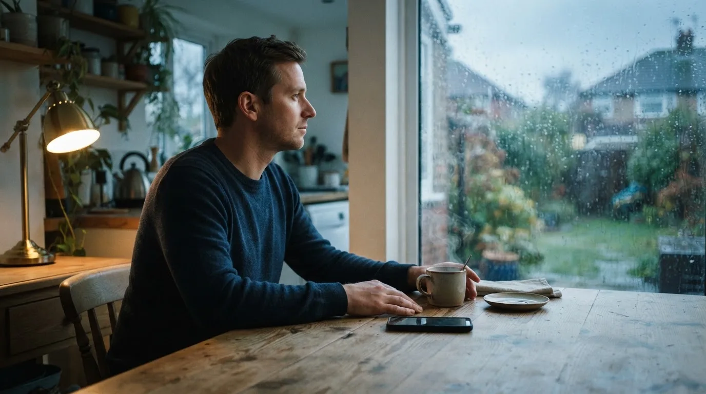 Een man legt zijn telefoon rustig weg en kijkt uit het raam met een kop koffie op tafel.
