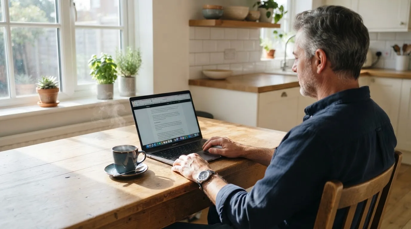 Een man zit thuis aan tafel met een kop koffie en bekijkt rustig zijn laptop.