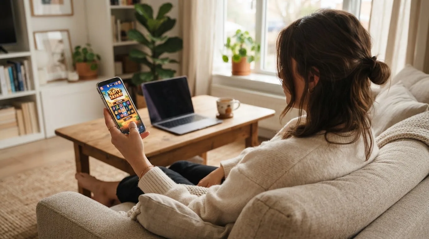 Een jonge vrouw zit ontspannen op de bank met een smartphone in haar hand, terwijl een laptop met onscherp scherm op de salontafel staat.