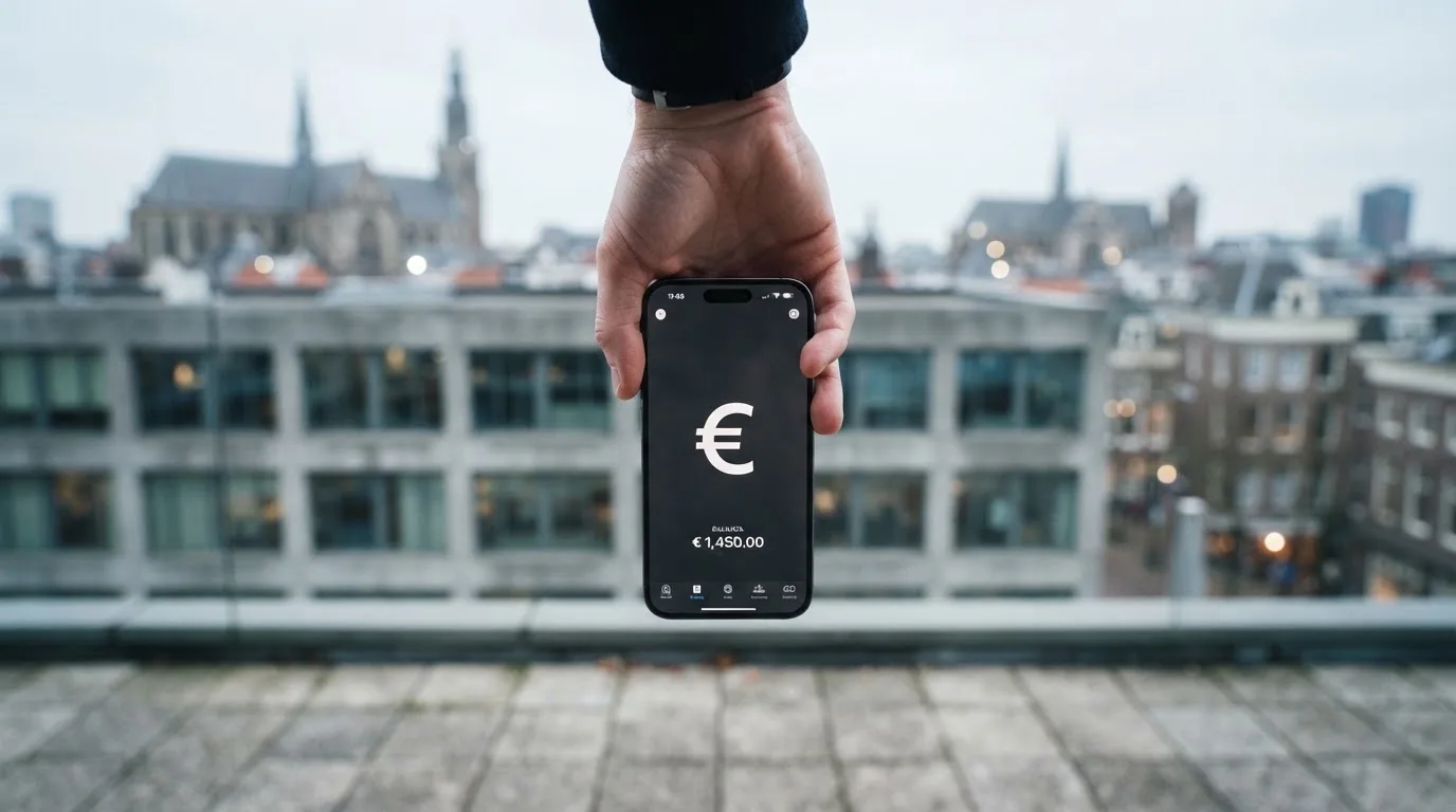 Een close-up van een hand die een smartphone vasthoudt buiten voor een grijs kantoorgebouw, met een wazige skyline van een Nederlandse stad op de achtergrond.