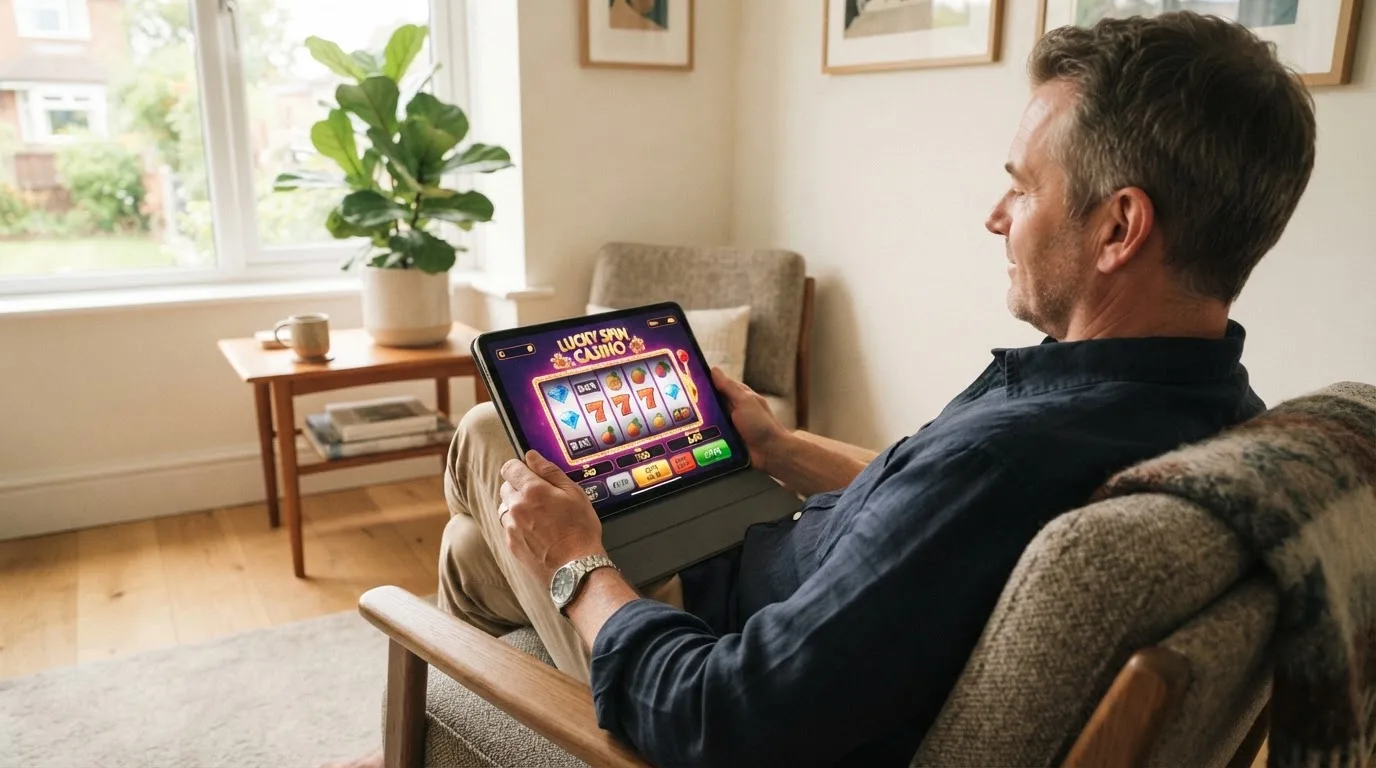 Een man leunt achterover op een stoel met een tablet op schoot, in een lichte woonkamer met planten op de achtergrond.