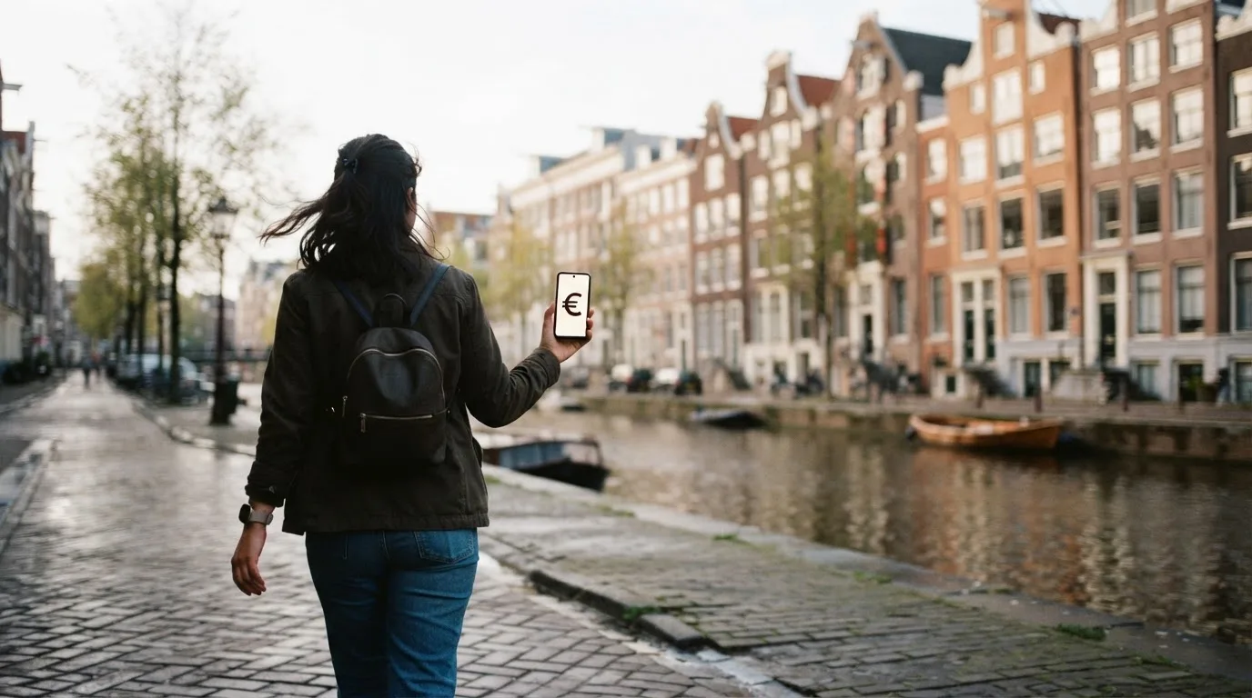 Een persoon loopt met een telefoon in de hand langs een grachtenpand in een Nederlandse stad, met wazige gevels op de achtergrond.
