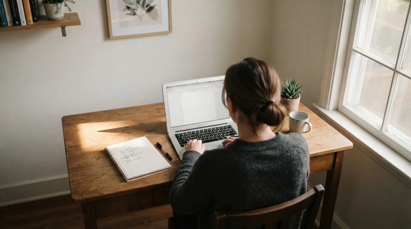 Een persoon zit aan een bureau thuis met een laptop en een notitieblok in daglicht.
