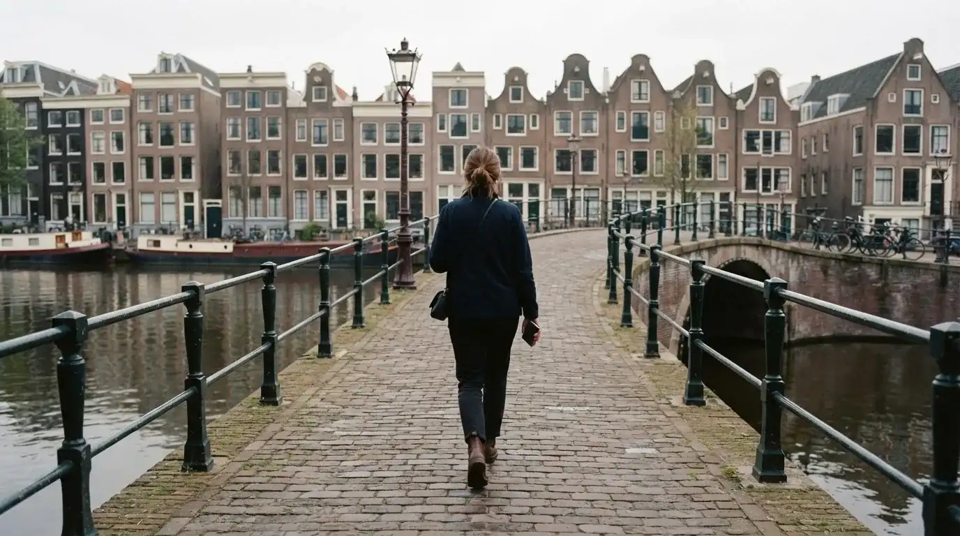 Een volwassene loopt over een brug in een Nederlandse stad met een telefoon in de hand.