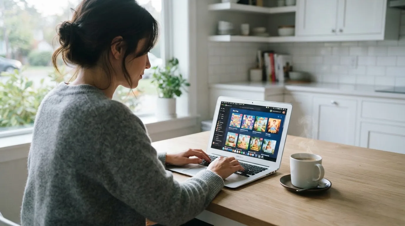 Een vrouw bekijkt rustig op haar laptop de opties voor online spelen aan de keukentafel, met een kopje koffie ernaast.