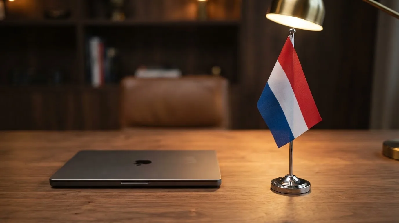 Een bureau met een Nederlandse vlag op een standaard naast een gesloten laptop, symbool voor regelgeving en toezicht op kansspelen.