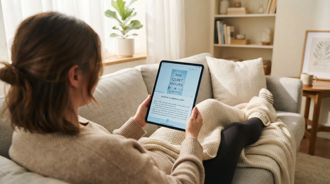 Iemand bekijkt ontspannen een tablet op de bank in een lichte woonkamer, met een plaid over de knieën.