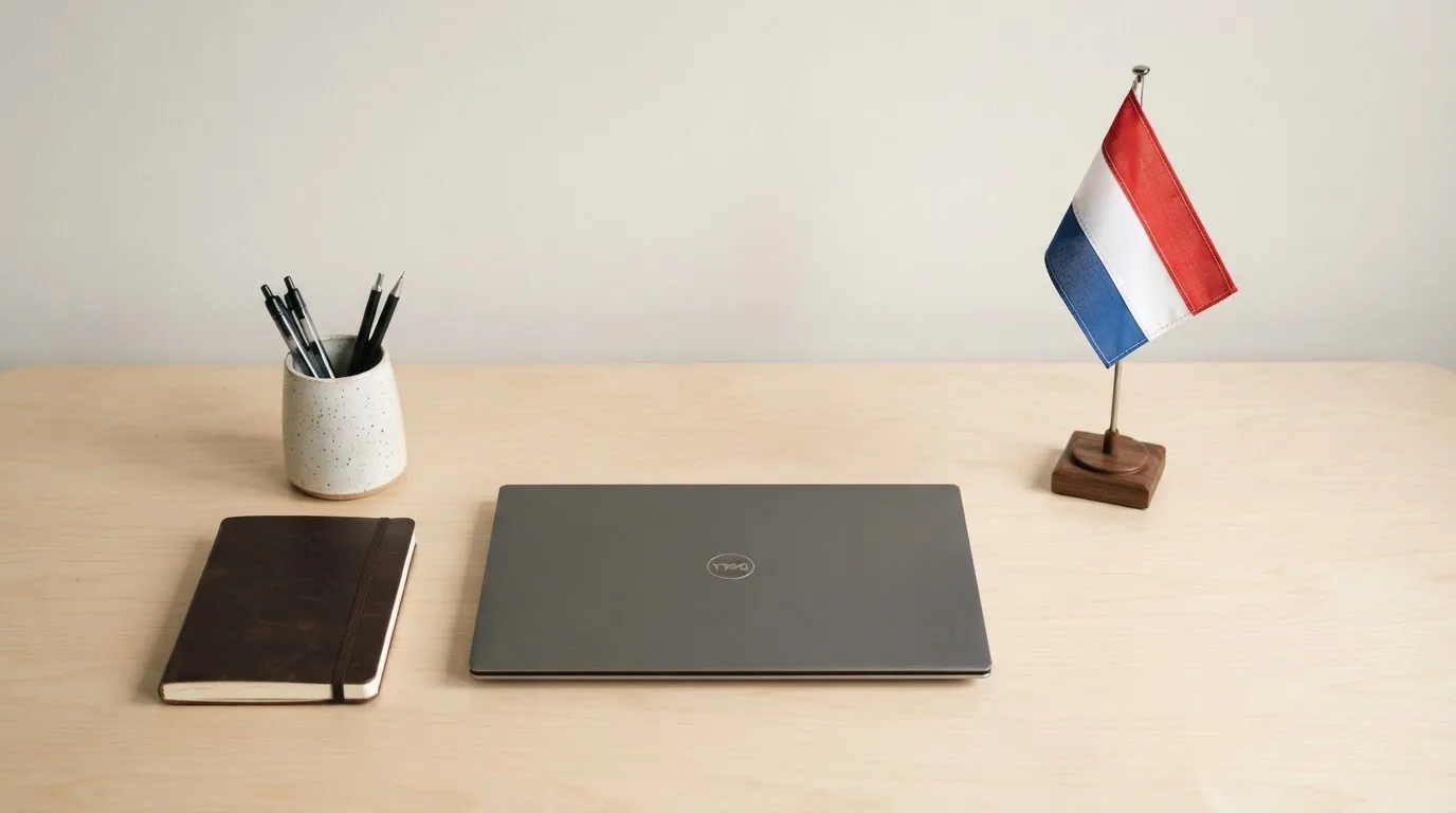 Een kantoorbureau met een Nederlandse vlag op een voetstuk naast een dichte laptop.