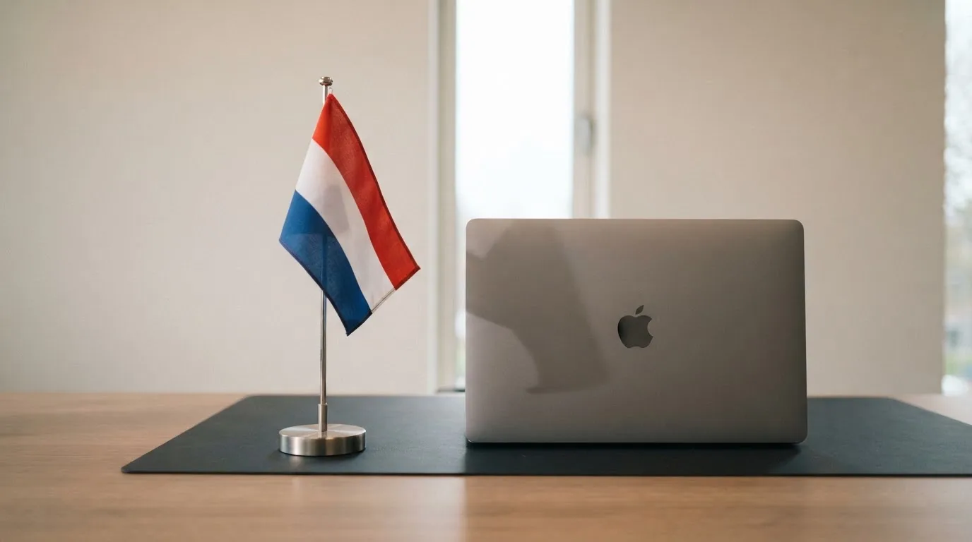 Een kantoorbureau met een Nederlandse vlag op een voetstuk naast een gesloten laptop.