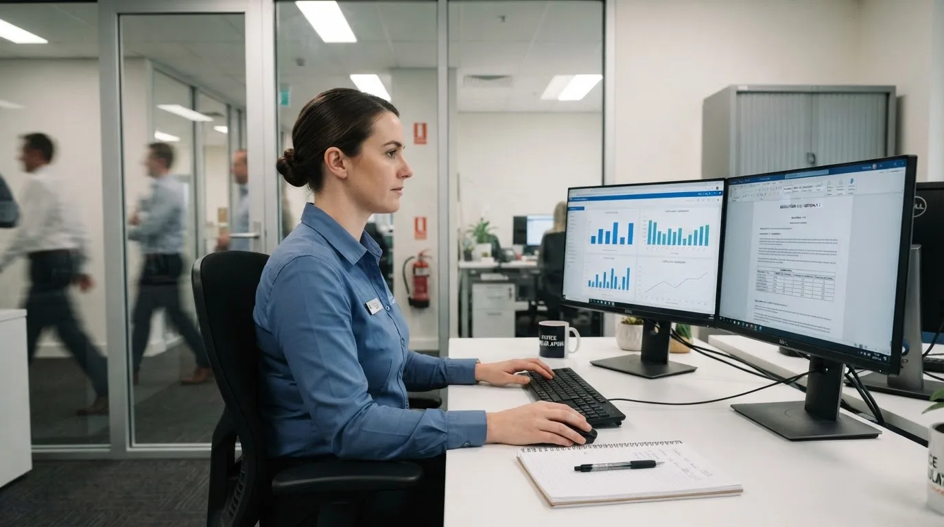 Een medewerker van een toezichthoudende instantie werkt achter een bureau met meerdere monitoren in een professioneel kantoor.