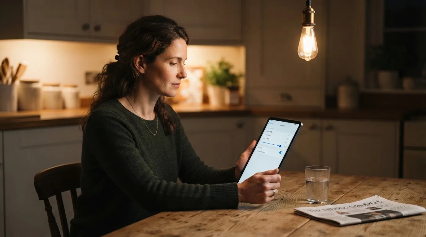 Een persoon bekijkt rustig instellingen voor speellimieten op een tablet aan een keukentafel in de avond.