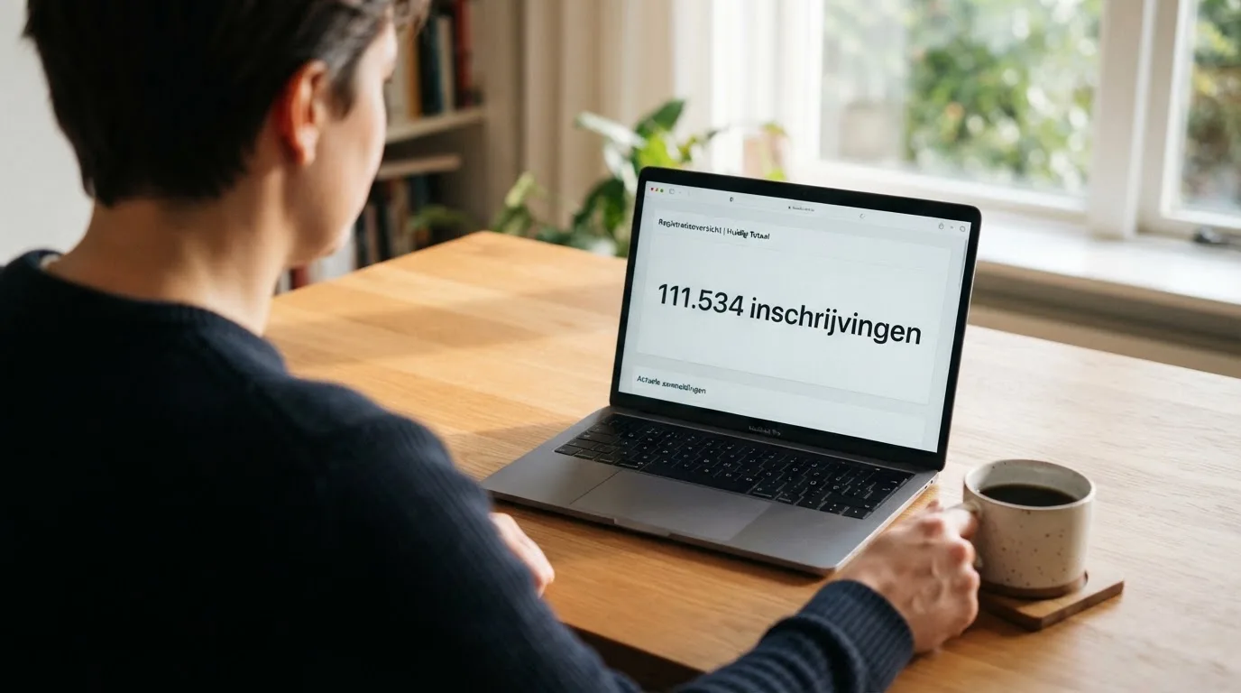 Een persoon zit aan een bureau met een kop koffie en bekijkt rustig een overzicht op een laptopscherm.