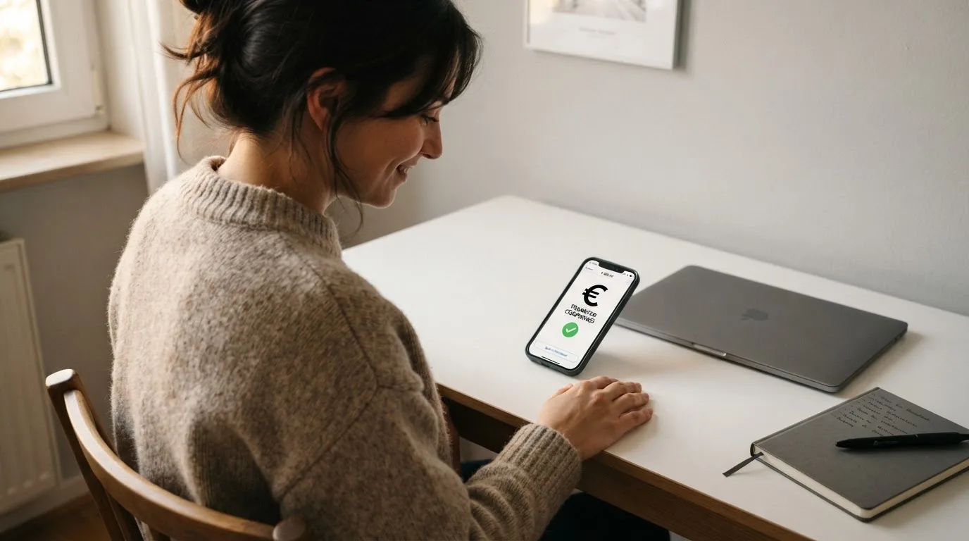Een persoon controleert een banktransactie op een smartphone terwijl ze aan een bureau zit.