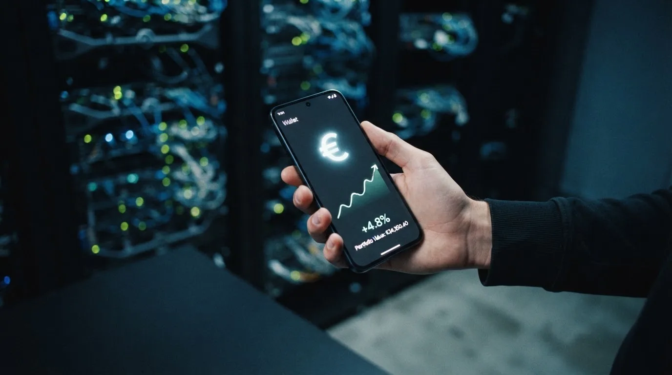 Een persoon houdt een smartphone vast terwijl er op de achtergrond een computerserver zichtbaar is in een donkere ruimte.